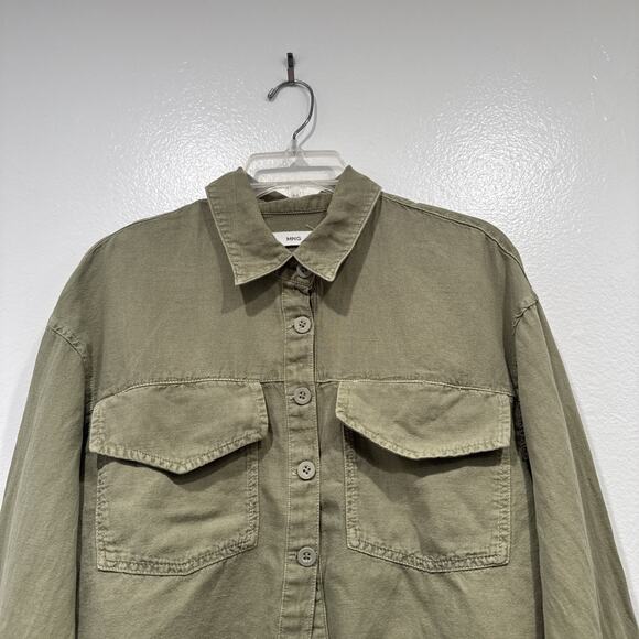 MNG Cropped Utility Shirt Green Womens Size XS Oversized Frayed Hem Button Front - Picture 2 of 9